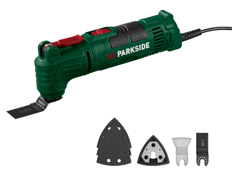 Multifunctioneel gereedschap met schuur- en zaagaccessoires.