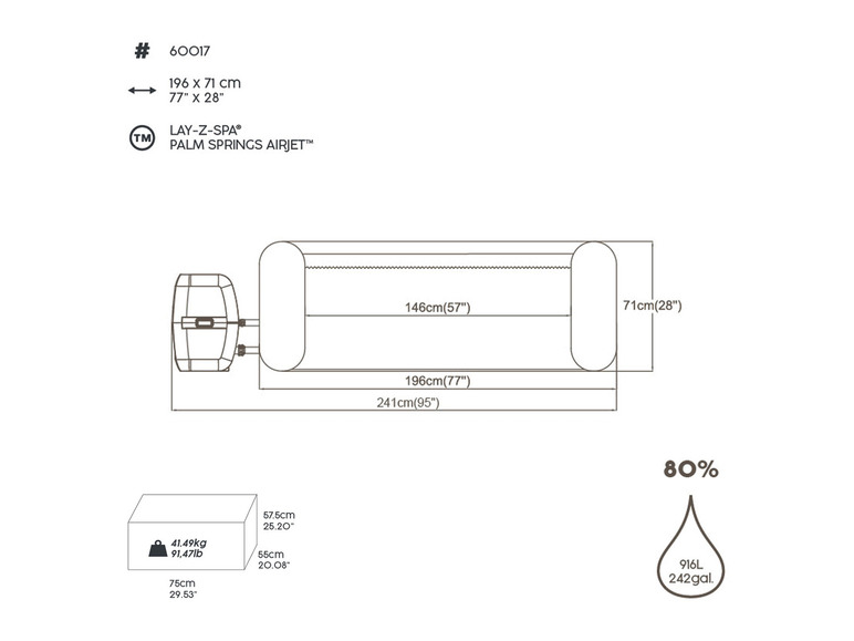 Afmetingen en specificaties van een Lay-Z-Spa Palm Springs Airjet opblaasbaar zwembad.