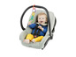 Een baby in een autostoeltje met een speelgoedring