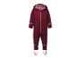 Bordeauxrode softshell overall voor kinderen met capuchon, rits en reflecterende strepen.