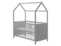 Een grijs houten kinderbed met een huisvormig dak.