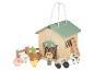 Houten boerderij speelset met schuur, dieren en boerenfiguur.