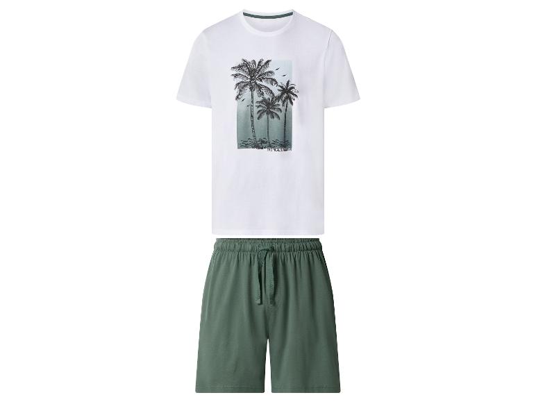 Wit heren T-shirt met palmboomprint en groene shorts, tekst 'Tropical Summer'.