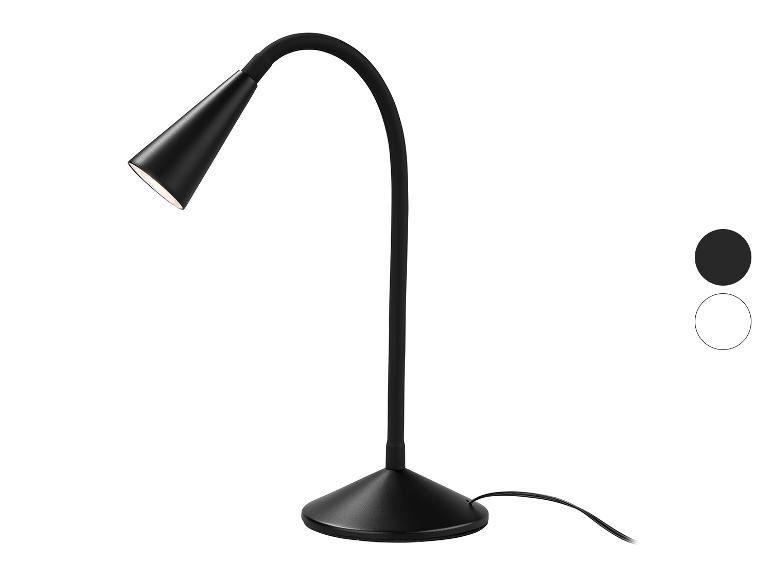 Zwarte LED-bureaulamp met flexibele arm en ronde voet, met zwarte en witte kleuropties.