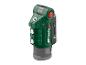 Groene en zwarte draadloze werklamp met rode knop en batterij-indicator