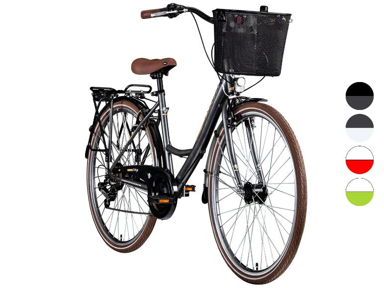 Zwarte stadsfiets met mand en bagagedrager.