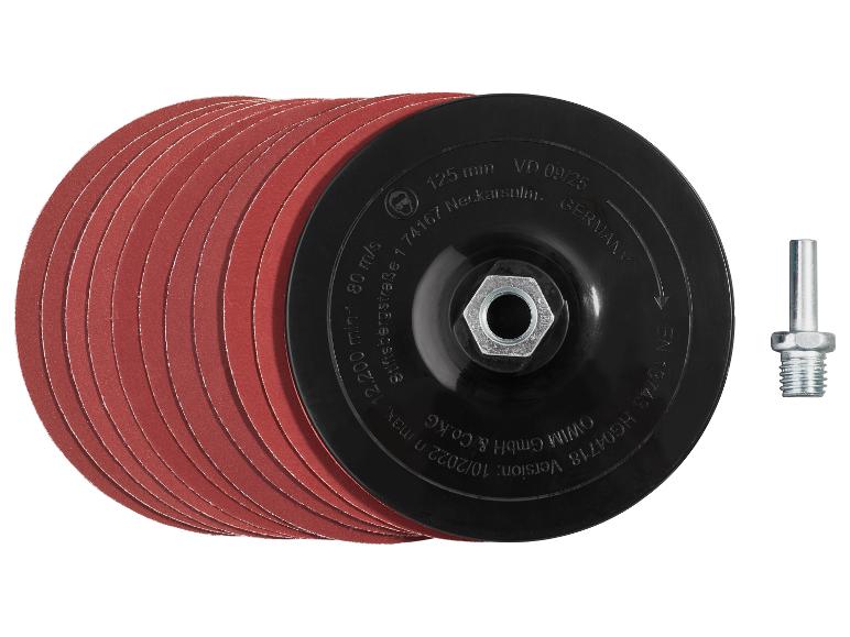 Schuurpakket met steunschijf en adapter, 125 mm diameter, 80 m/s, 12.200 tpm.
