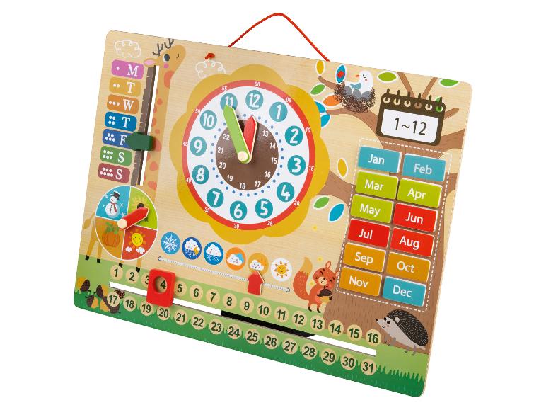 Houten speelgoed voor kinderen met een klok, kalender en weekdagenaanwijzer.