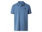 Blauwe poloshirt met zwart gestreepte kraag en mouwboorden, met palmboom borduursel.