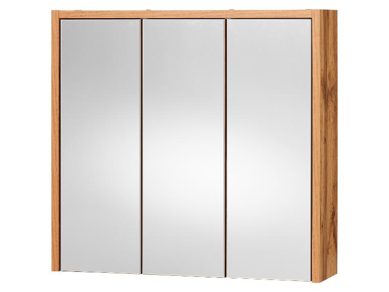 Driedelige badkamer spiegel met houten frame.