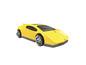 Een gele speelgoedauto met racedetails.