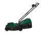 Groene elektrische grasmaaier met zwarte details en rode accenten.