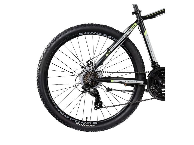 Close-up van een zwarte Zundapp mountainbike met Kenda banden en Shimano onderdelen.