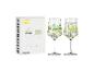 Twee limoncello glazen met citroen- en bloemenpatroon, naast een witte doos.