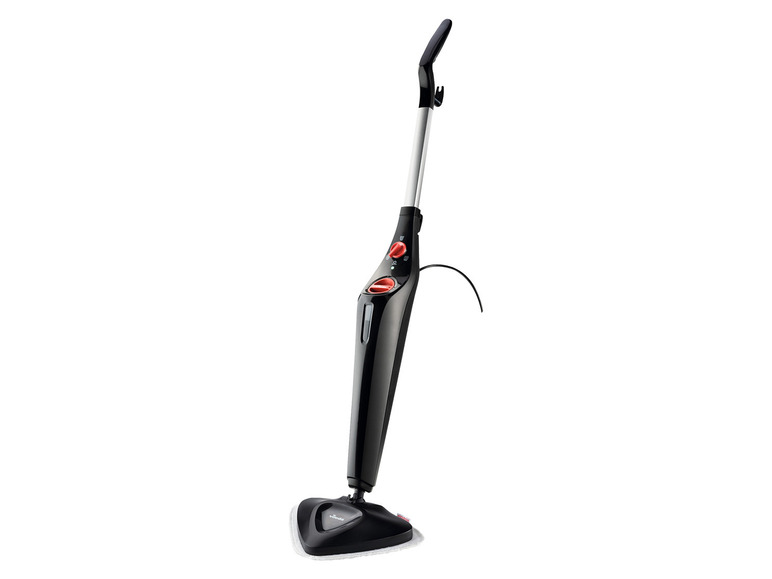 Een zwarte stoomreiniger van Vileda met een rode knop.