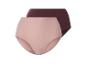 Twee paar damesonderbroeken met hoge taille in beige en donkerrood.