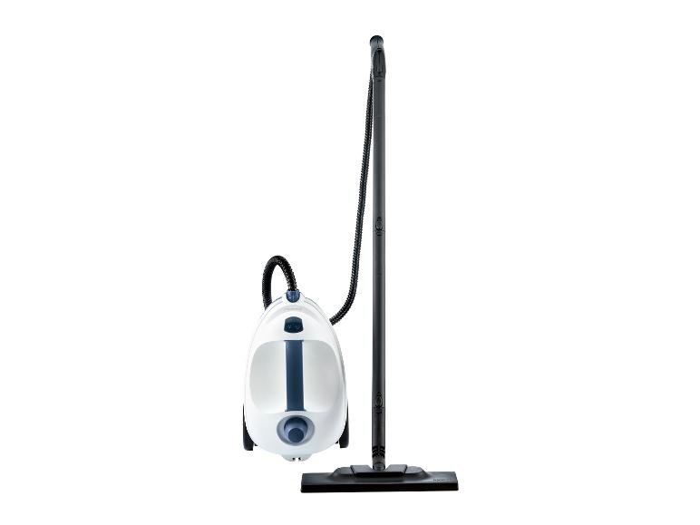 Witte en blauwe stoomreiniger met slang en vloeropzetstuk