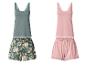 Twee damespyjamasets met camisole tops en shorts, één bloemig groen en één roze.