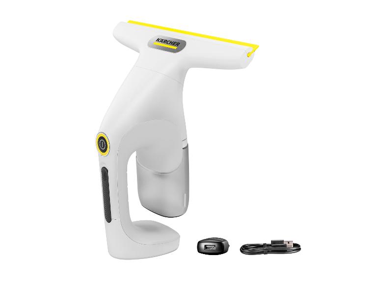 Wit en gele draadloze raamreiniger met oplader en USB-kabel.