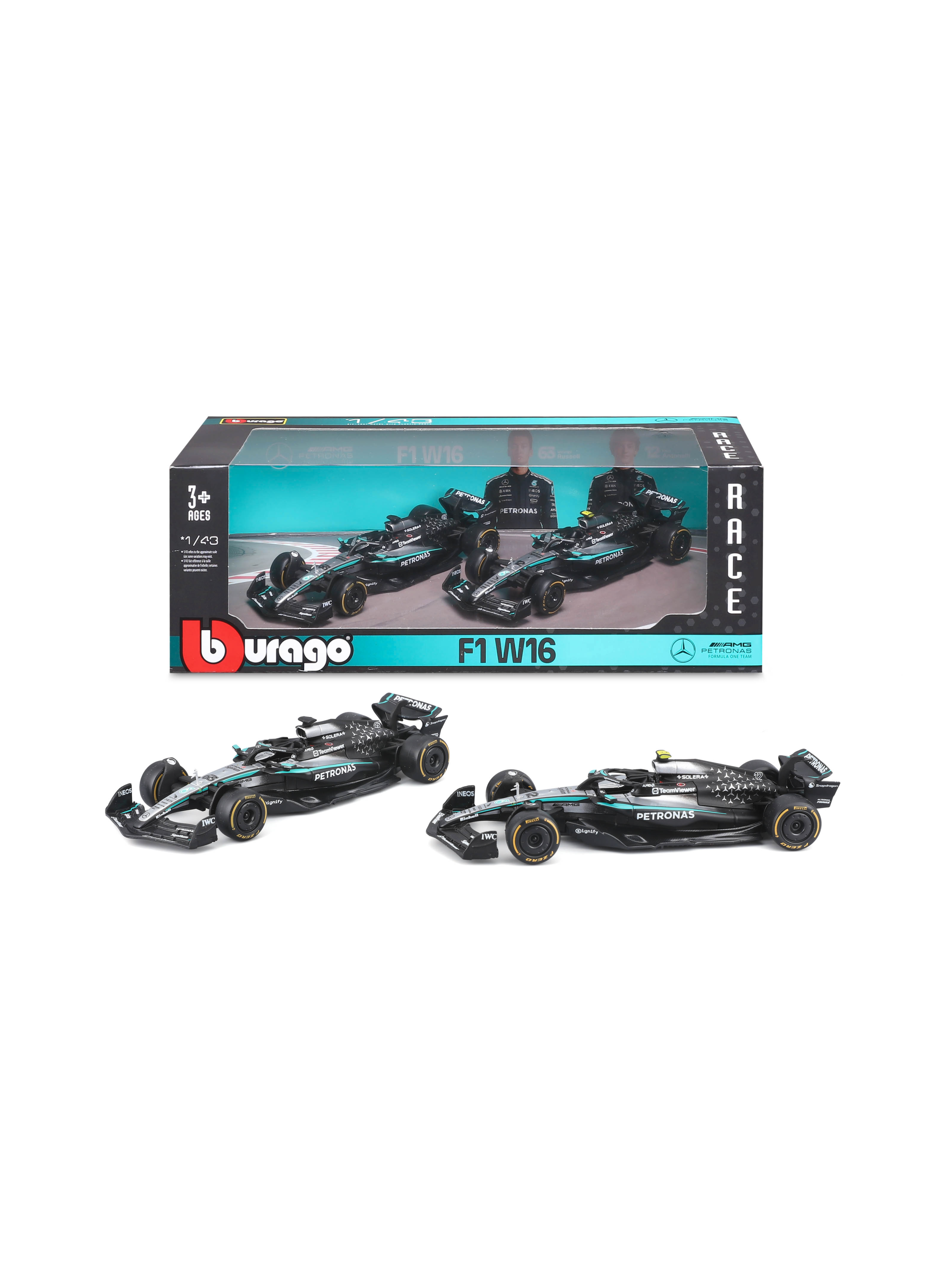 BBURAGO F1 modelauto Ferrari 2025 versie, 1:43, 2-delige set. (Mercedes AMG Petronas set van 2)