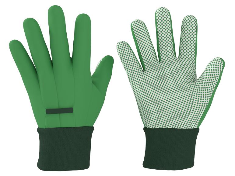 Paar groene tuinhandschoenen met antislip stippen.