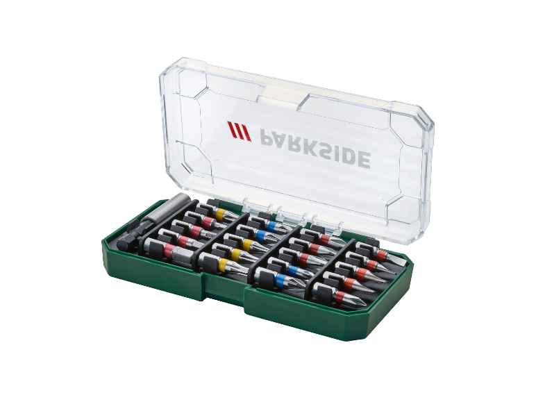 Parkside schroevendraaierbitsset in een plastic doosje.