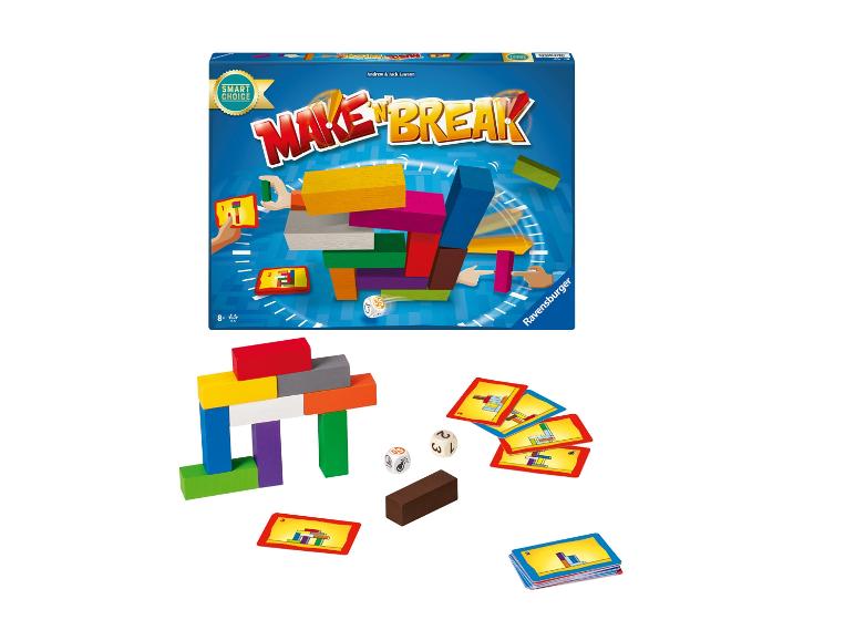 Make 'n' Break bordspel met kleurrijke blokken, kaarten en dobbelstenen.