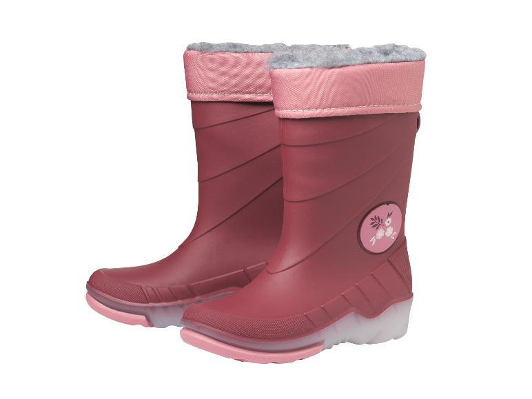 Meisjes regenlaarzen in bessenkleur met roze rand en bloemmotief.