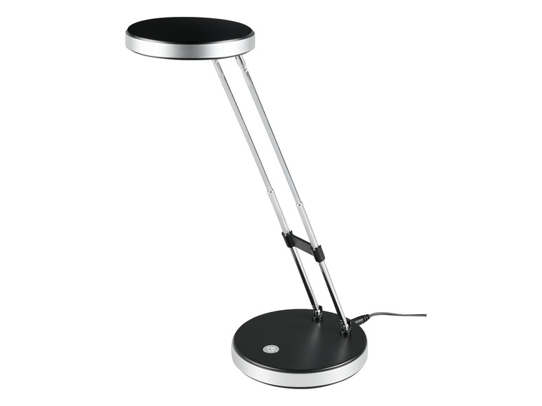Een zwarte bureaulamp met een flexibele arm en een ronde basis.