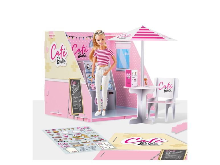 Barbie poppenhuis met een roze café en accessoires.