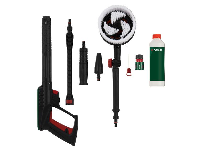 Parkside hogedrukreinigerset met roterende borstel en accessoires.