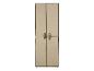 Beige stoffen opbergkast met twee deuren en zwarte handgrepen.