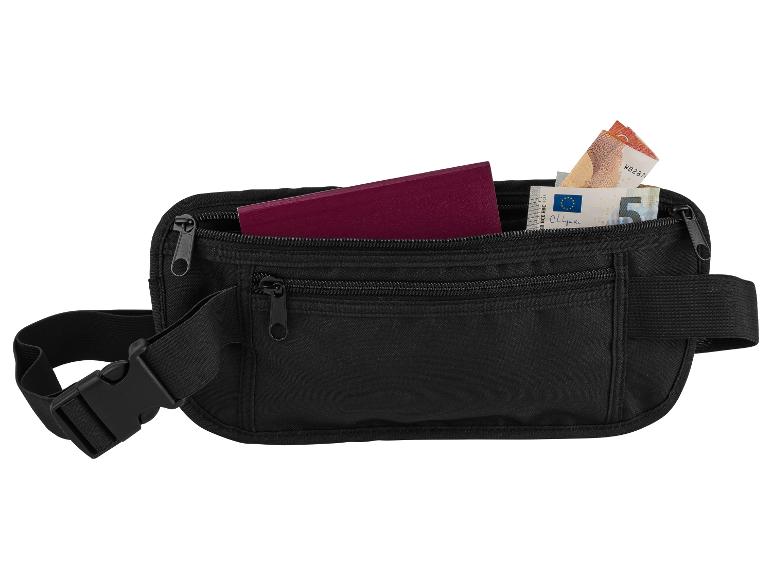 Zwarte heuptas met paspoort en euro's.