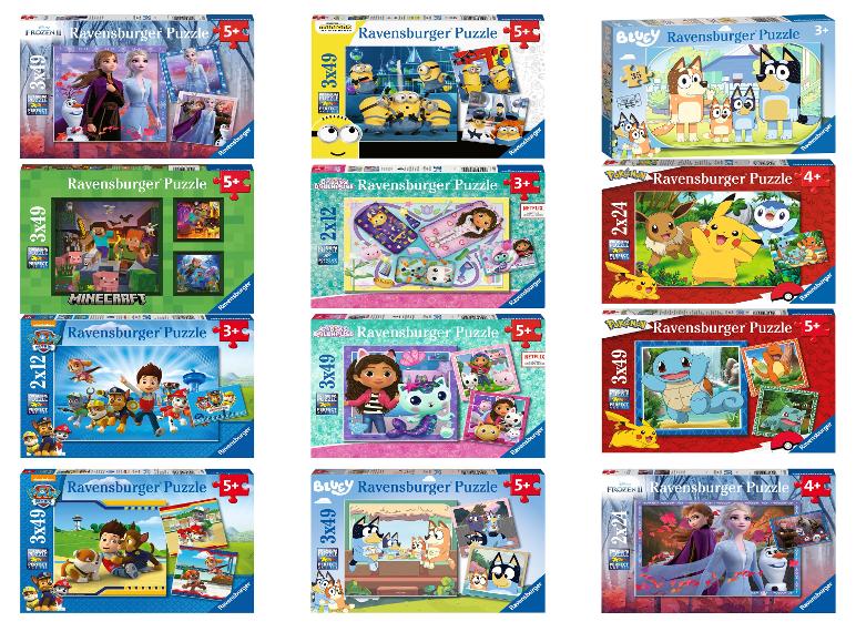 Ravensburger puzzels met Frozen, Minions, Paw Patrol, Bluey en Pokémon.