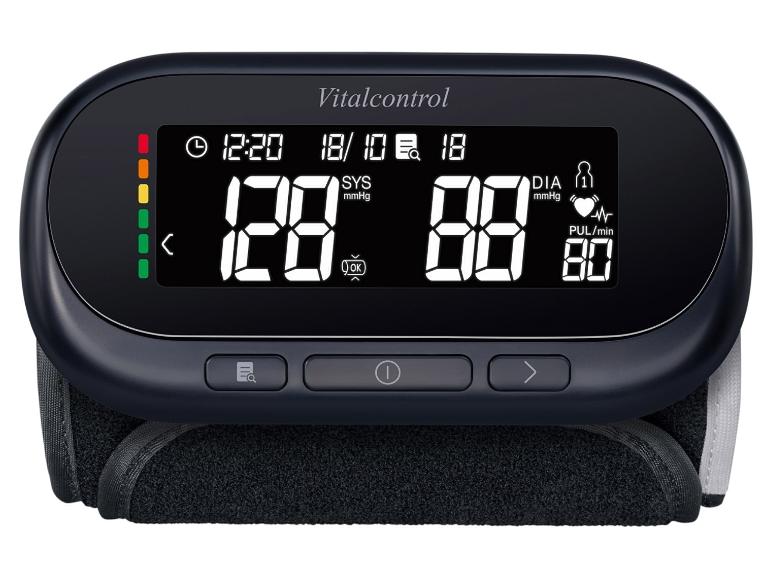 Vitalcontrol digitale bloeddrukmeter met groot display en zwarte manchet.