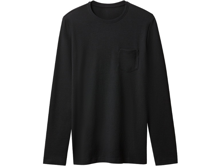Zwart heren T-shirt met lange mouwen, ronde hals en borstzakje.