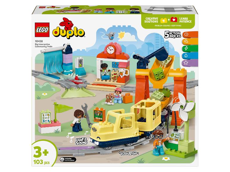 LEGO Duplo 10428 Grote Interactieve Gemeenschapstrein doos, met een trein, figuren en accessoires.