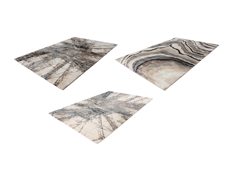 Drie moderne tapijten in beige en grijze tinten met verschillende patronen.