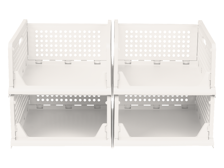 Witte modulaire, stapelbare opbergbakken met geperforeerde zijkanten.