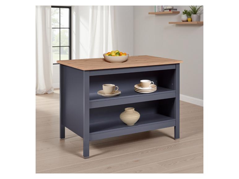 Donkerblauw kookeiland met houten blad en open planken