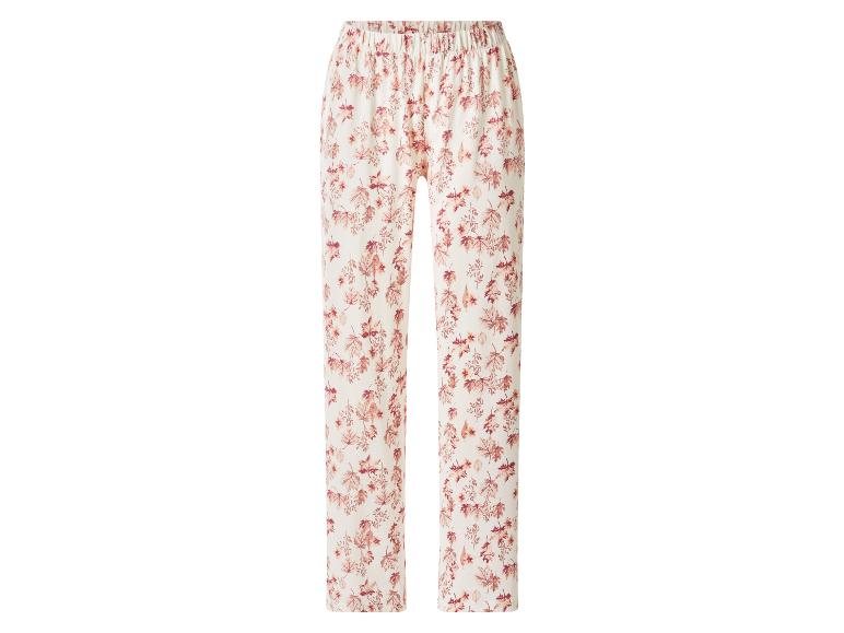 Dames pyjamabroek met elastische tailleband en rood bladpatroon.