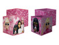 Drie roze opbergdozen met Barbie afbeeldingen.