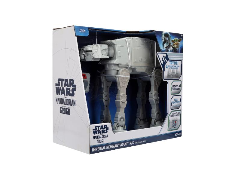 Star Wars The Mandalorian en Grogu Imperial Remnant AT-AT R/C speelgoed in verpakking.