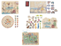 Een assortiment houten speelgoed voor kinderen, waaronder doolhoven, puzzels en rijgspellen.