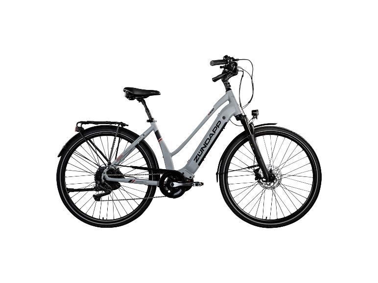 Grijze Zündapp e-bike met bagagedrager en schijfremmen.
