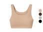 Huidkleurige sporttop met kleurenpalet: beige, bruin, grijs en zwart.