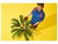 Man in sportkleding snoeit een palmboom met tuinschaar op een gele achtergrond.