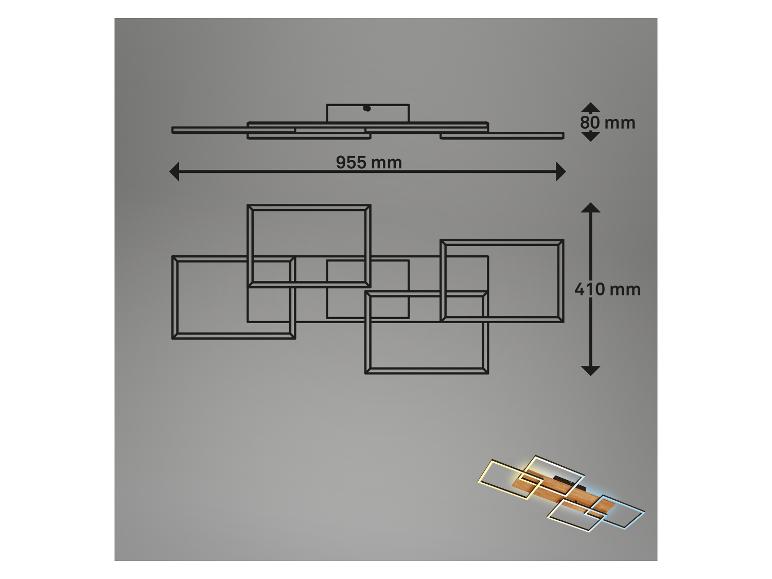 Technische tekening van een moderne plafondlamp met afmetingen en een kleine afbeelding van het verlichte product.