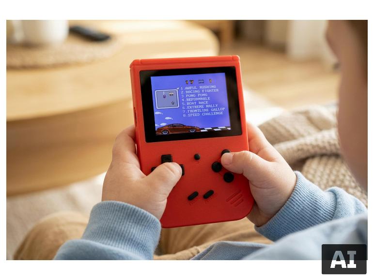 Kind speelt op een rode retro spelcomputer. [AI-gegenereerde afbeelding]