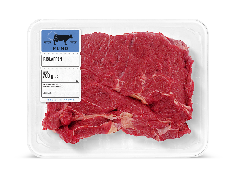 Verse runderriblappen in een verpakking van 700 g.